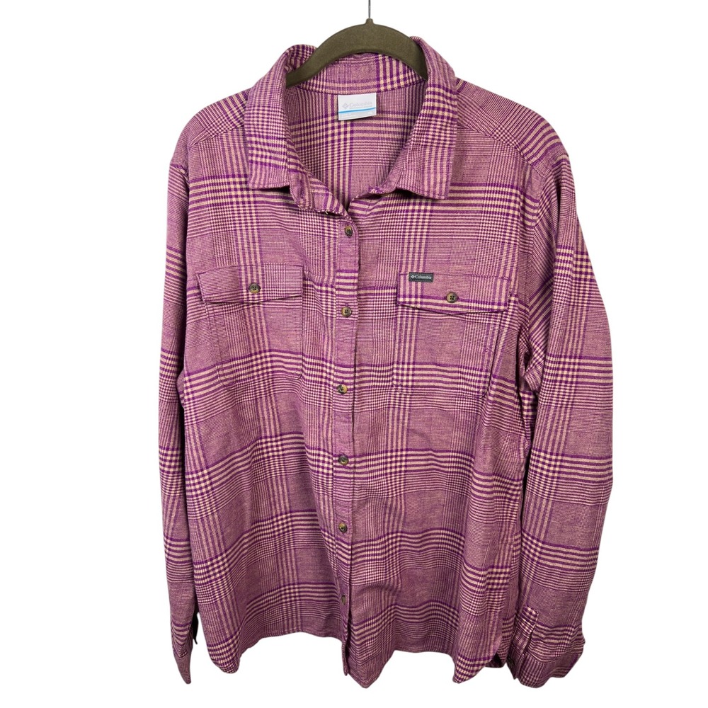 Columbia Women's Pine Street Stretch Flannel Shirt Gorpcore Plum Purple Plaid XL